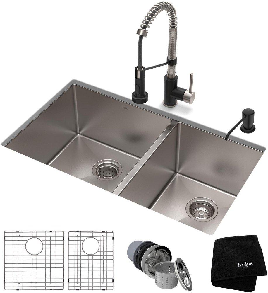 KRAUS 33-INCH 16 GAUGE DOUBLE BOWL 60/40 STANDART PRO KITCHEN SINK COMBO SET WITH BOLDEN 18-INCH KITCHEN FAUCET AND SOAP DISPENSER STAINLESS STEEL MATTE BLACK FINISH 