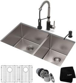 KRAUS 33-INCH 16 GAUGE DOUBLE BOWL 60/40 STANDART PRO KITCHEN SINK COMBO SET WITH BOLDEN 18-INCH KITCHEN FAUCET AND SOAP DISPENSER STAINLESS STEEL MATTE BLACK FINISH