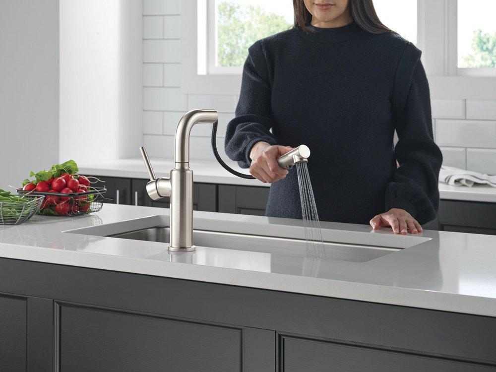 Single Handle Pull Out Kitchen Faucet in Stainless 