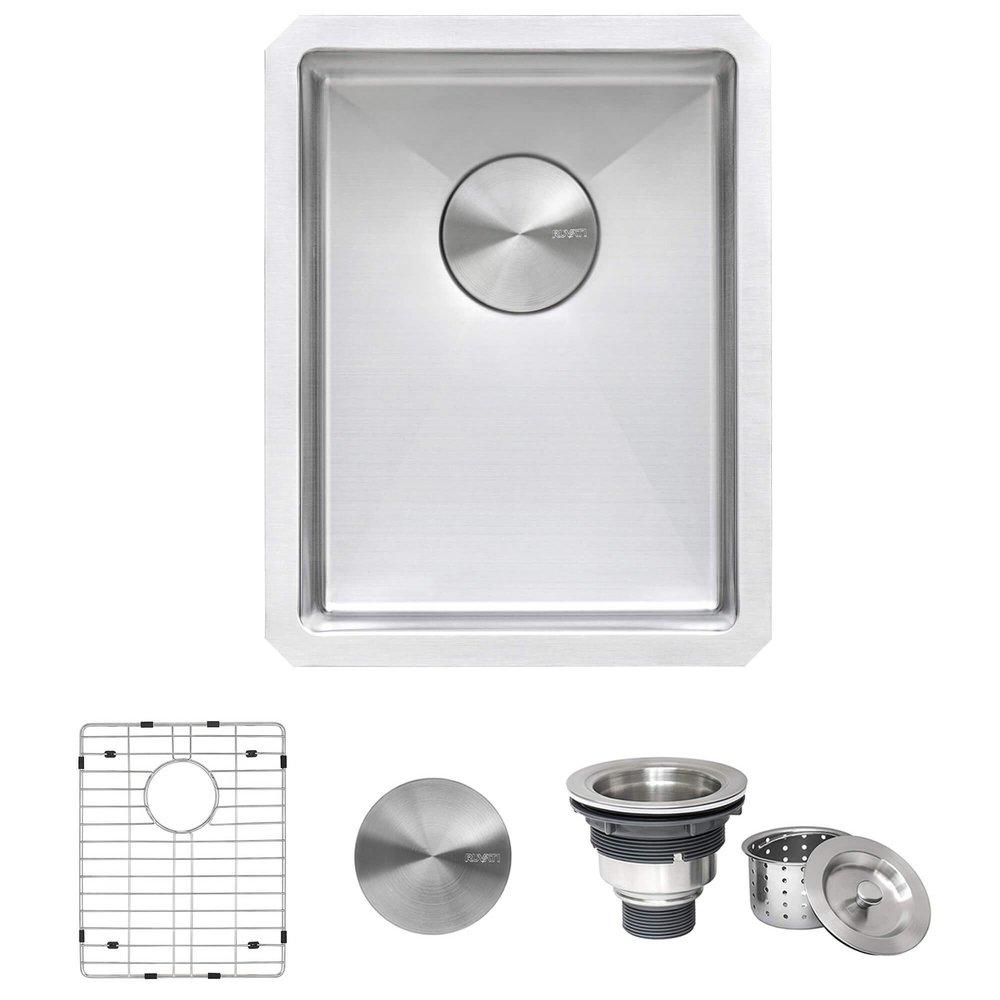 GRAVENA 14" UNDERMOUNT SINGLE BASIN 16 GAUGE STAINLESS STEEL KITCHEN SINK WITH BASIN RACK AND BASKET STRAINER 