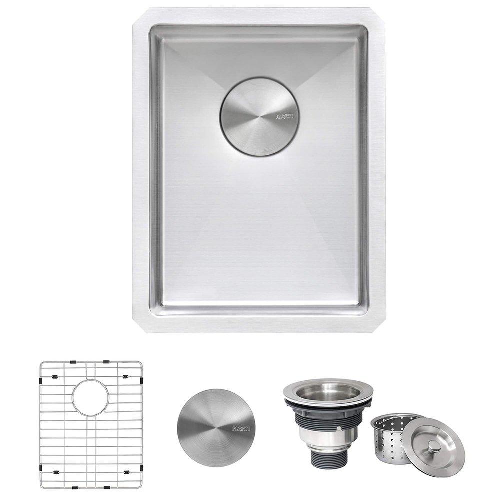 GRAVENA 14" UNDERMOUNT SINGLE BASIN 16 GAUGE STAINLESS STEEL KITCHEN SINK WITH BASIN RACK AND BASKET STRAINER 