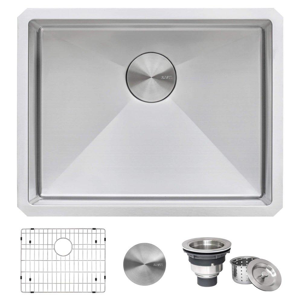 GRAVENA 23" UNDERMOUNT SINGLE BASIN 16 GAUGE STAINLESS STEEL KITCHEN SINK WITH BASIN RACK AND BASKET STRAINER 