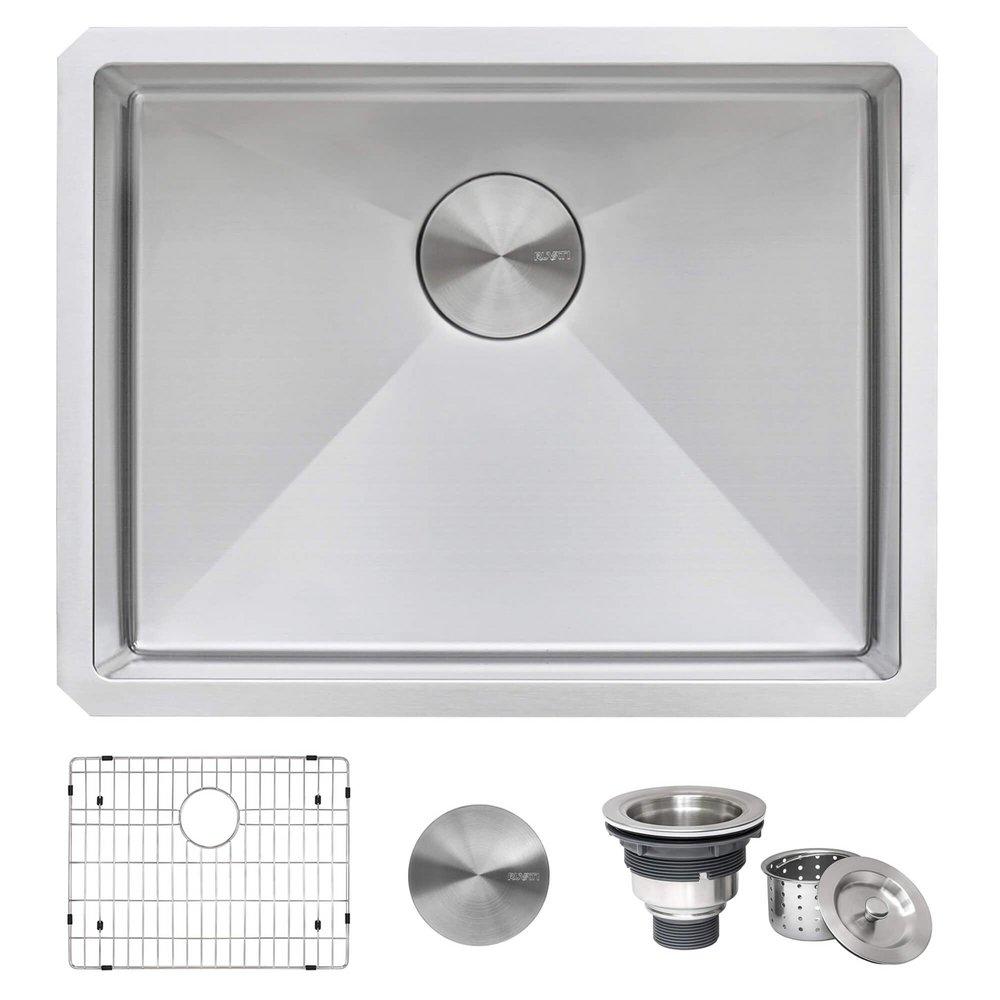 GRAVENA 23" UNDERMOUNT SINGLE BASIN 16 GAUGE STAINLESS STEEL KITCHEN SINK WITH BASIN RACK AND BASKET STRAINER 