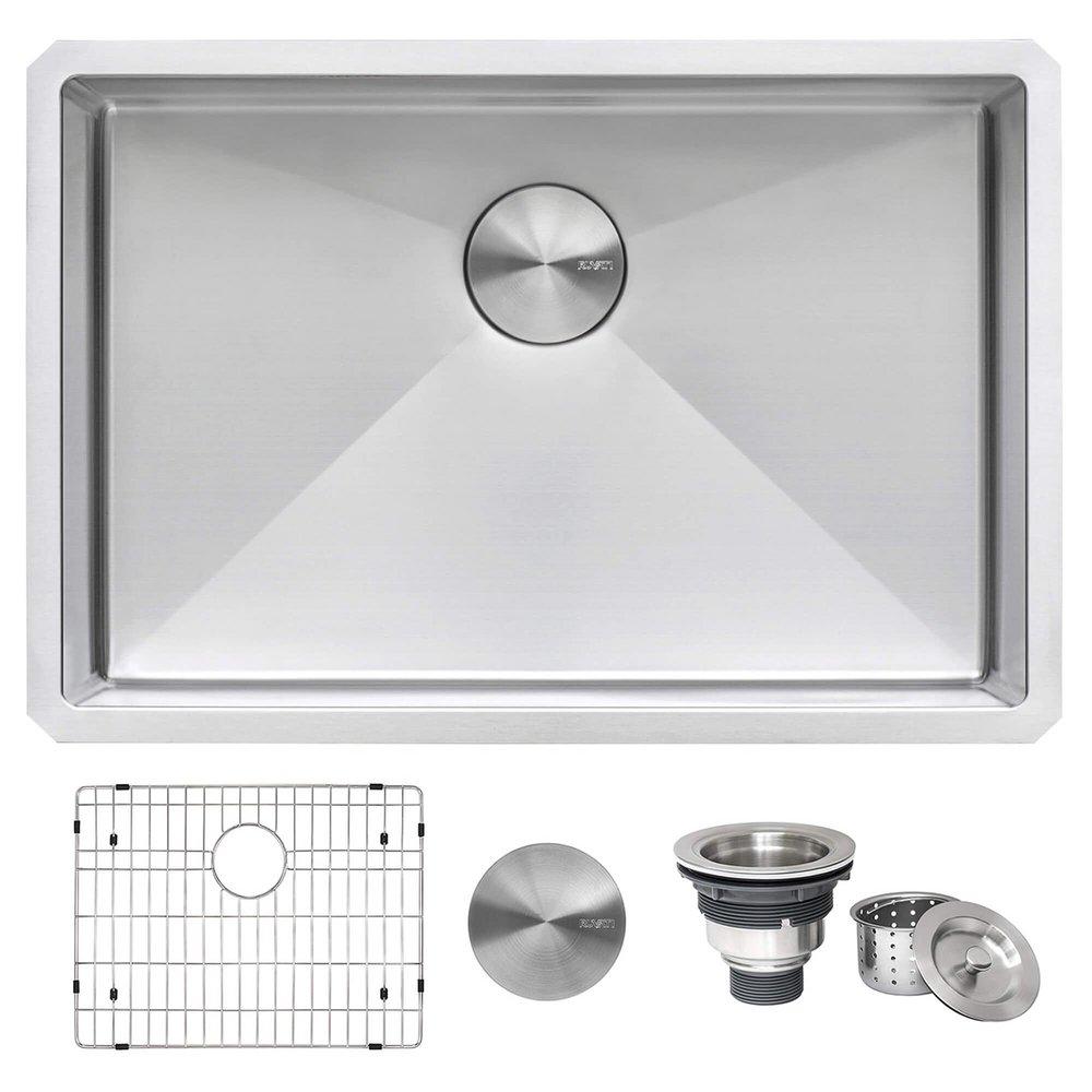 GRAVENA 26" UNDERMOUNT SINGLE BASIN 16 GAUGE STAINLESS STEEL KITCHEN SINK WITH BASIN RACK AND BASKET STRAINER 