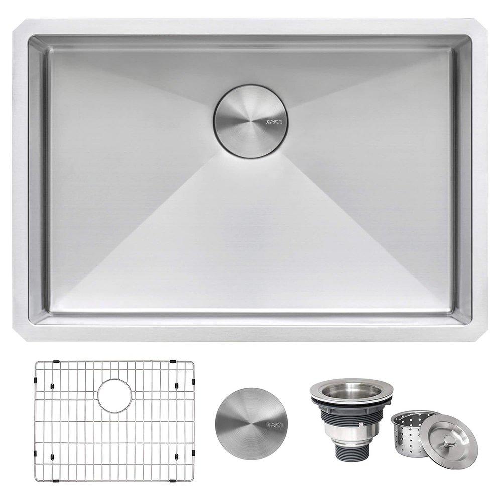 GRAVENA 26" UNDERMOUNT SINGLE BASIN 16 GAUGE STAINLESS STEEL KITCHEN SINK WITH BASIN RACK AND BASKET STRAINER 