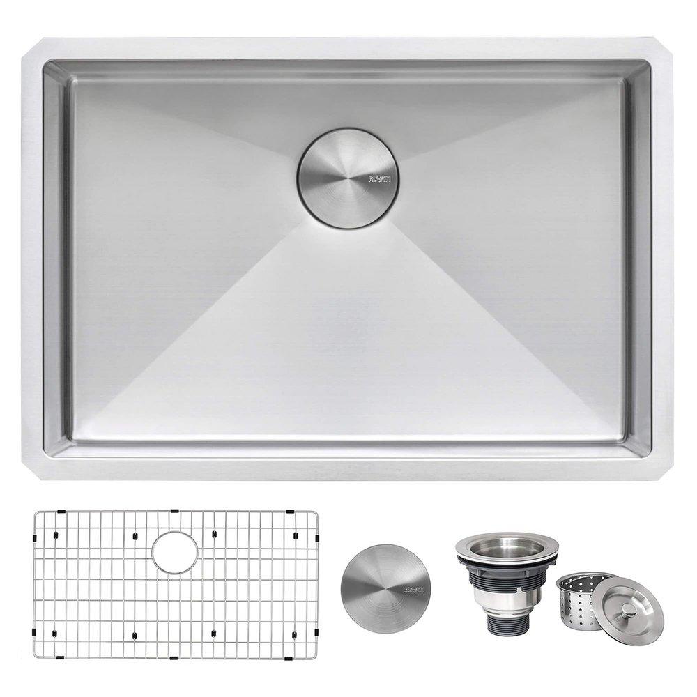 GRAVENA 28" UNDERMOUNT SINGLE BASIN 16 GAUGE STAINLESS STEEL KITCHEN SINK WITH BASIN RACK AND BASKET STRAINER 