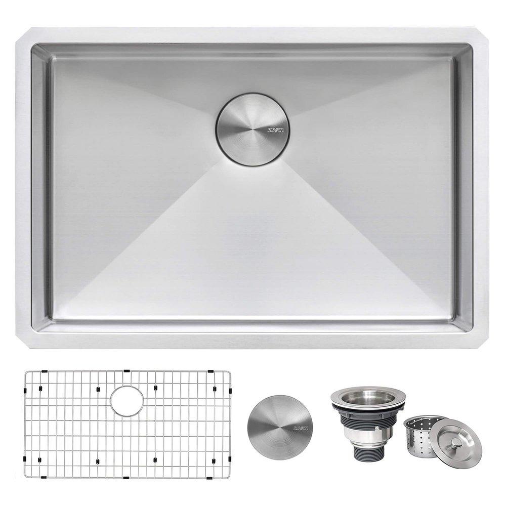 GRAVENA 28" UNDERMOUNT SINGLE BASIN 16 GAUGE STAINLESS STEEL KITCHEN SINK WITH BASIN RACK AND BASKET STRAINER 