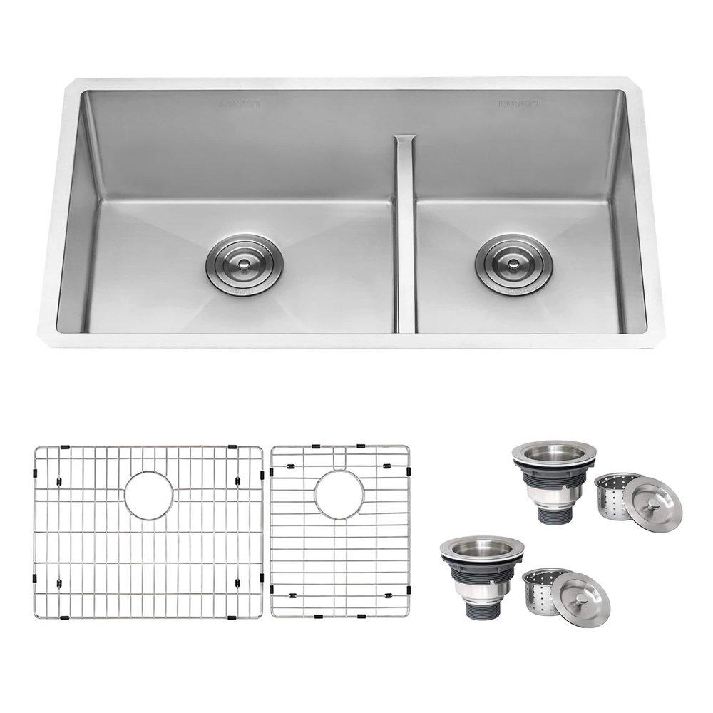 33" UNDERMOUNT DUAL BASIN STAINLESS STEEL KITCHEN SINK WITH SOUND DAMPENING 