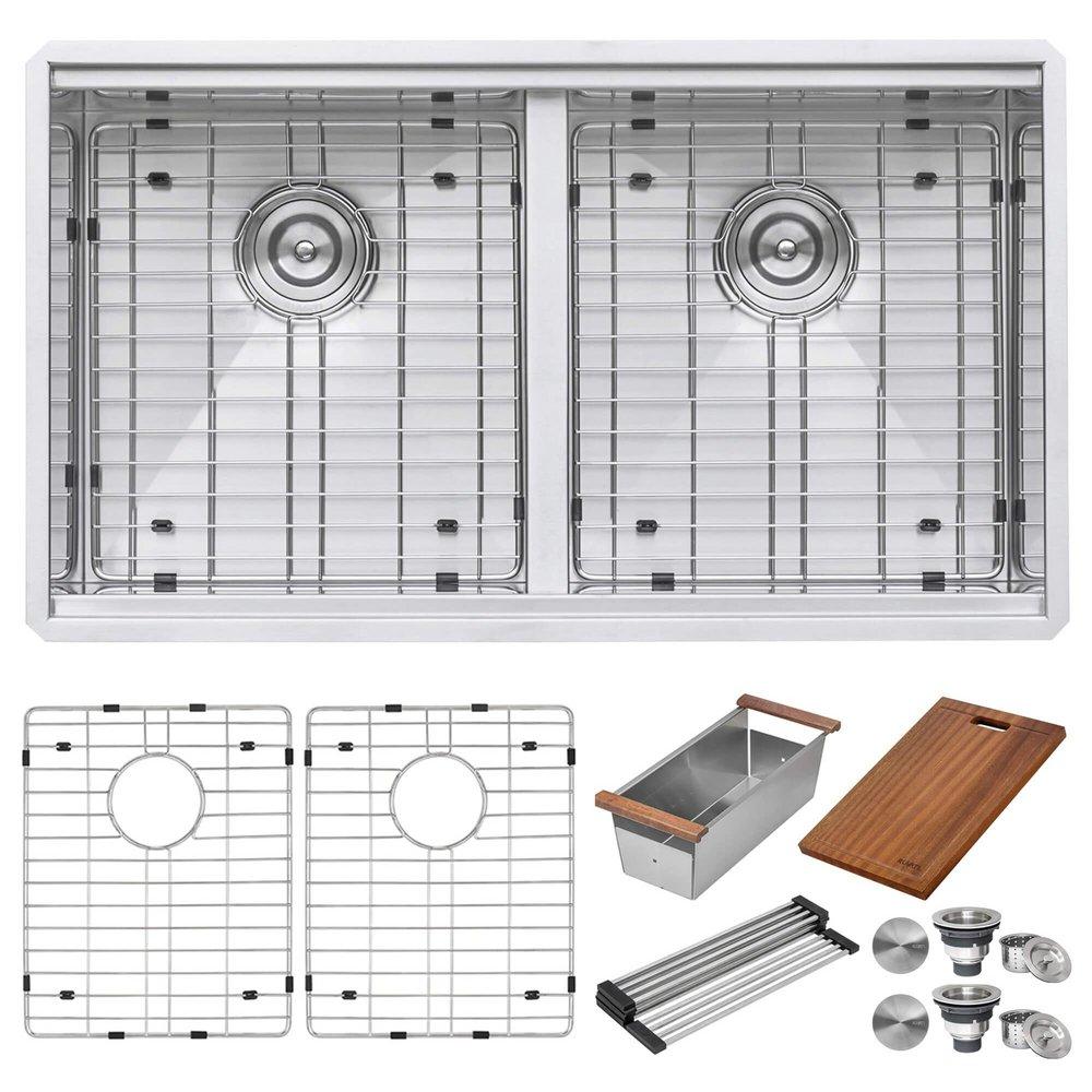 ROMA 33" UNDERMOUNT DOUBLE BASIN 16 GAUGE STAINLESS STEEL WORKSTATION KITCHEN SINK WITH 2 BASIN RACKS, CUTTING BOARD, COLANDER, AND 2 BASKET STRAINERS 