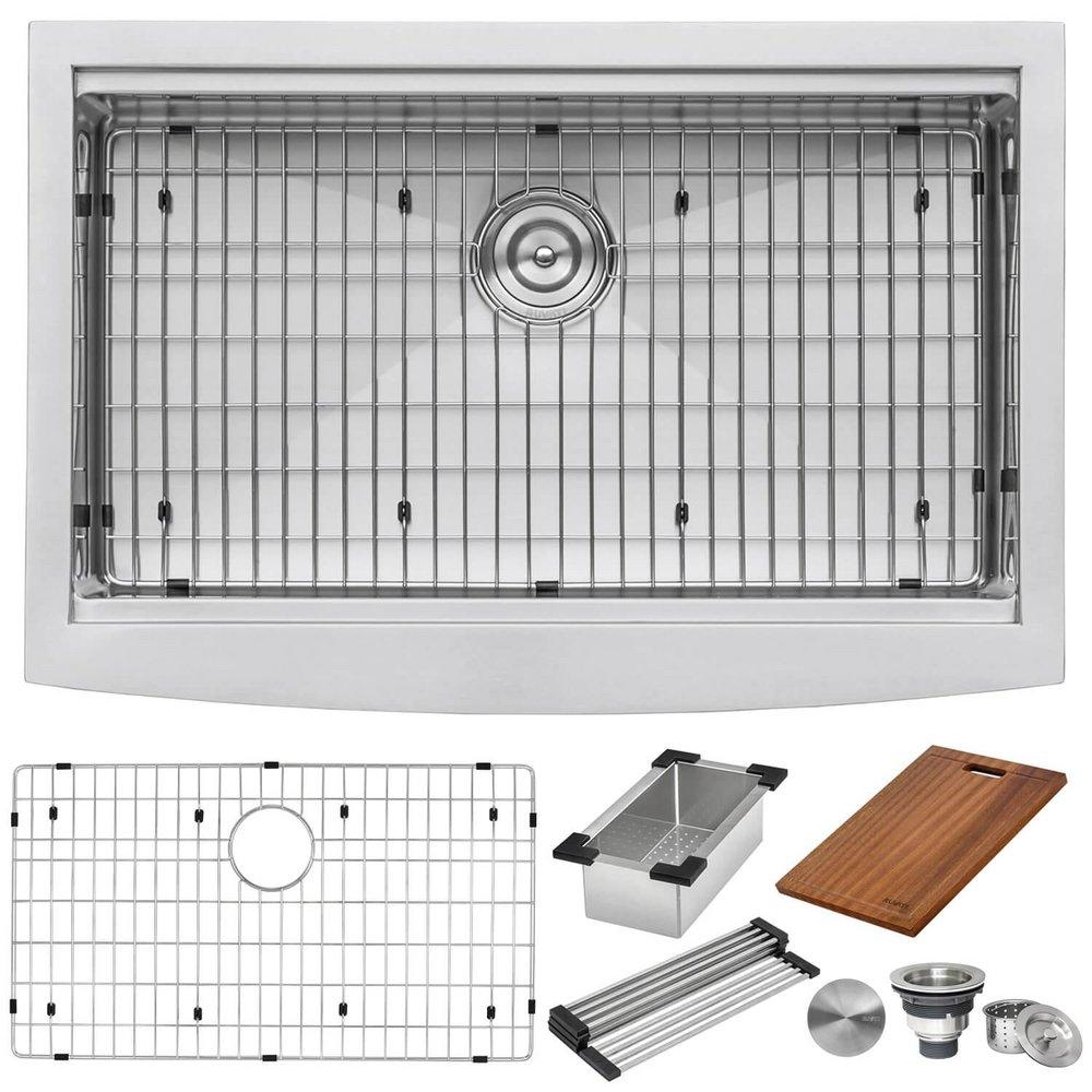 VERONA 36" FARMHOUSE SINGLE BASIN 16 GAUGE STAINLESS STEEL KITCHEN SINK WITH CUTTING BOARD, COLANDER, BASKET STRAINER, AND SINK GRID 
