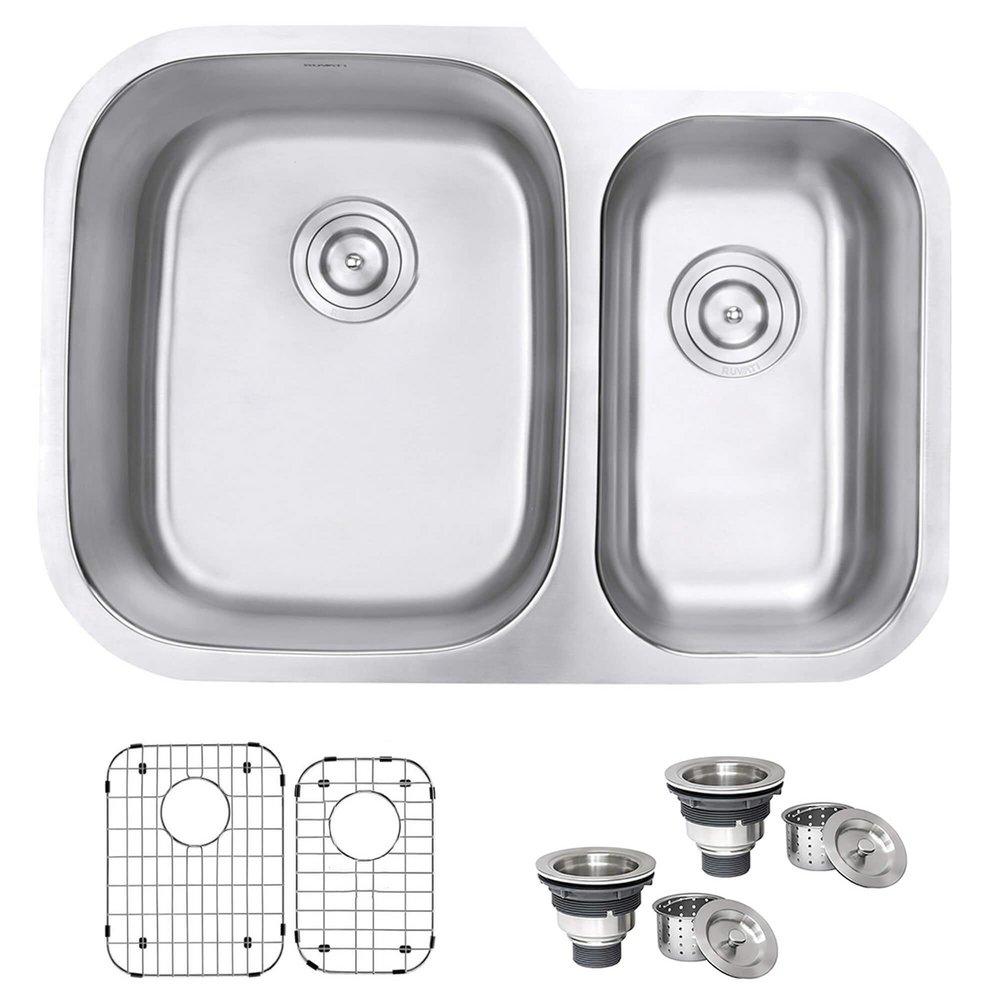 PARMI 29" UNDERMOUNT DOUBLE BASIN 16 GAUGE STAINLESS STEEL KITCHEN SINK WITH 2 BASIN RACKS AND 2 BASKET STRAINERS 