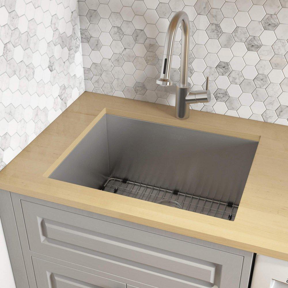 FORMA SINGLE BASIN KITCHEN SINK WITH BASIN RACK AND BASKET STRAINER 