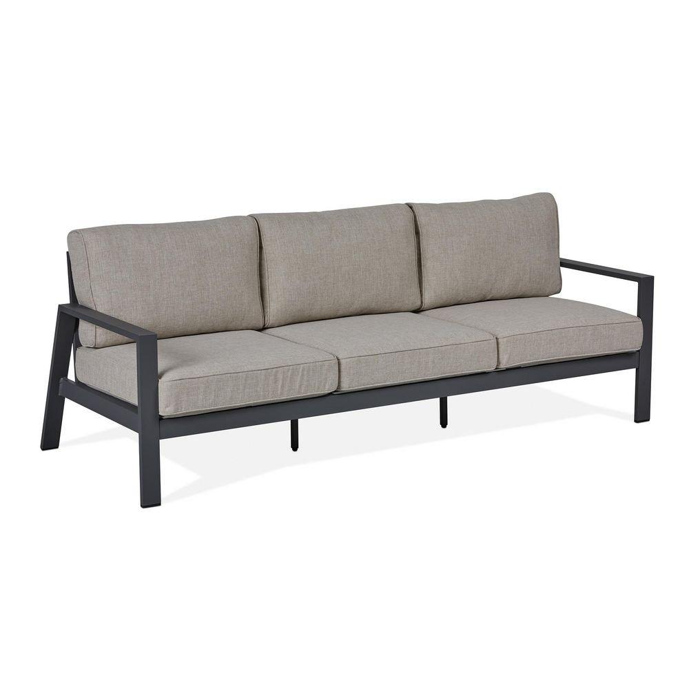 AEGEAN 80" WIDE ALUMINUM FRAMED OLEFIN OUTDOOR SOFA WITH REMOVABLE TAN CUSHION COVERS 