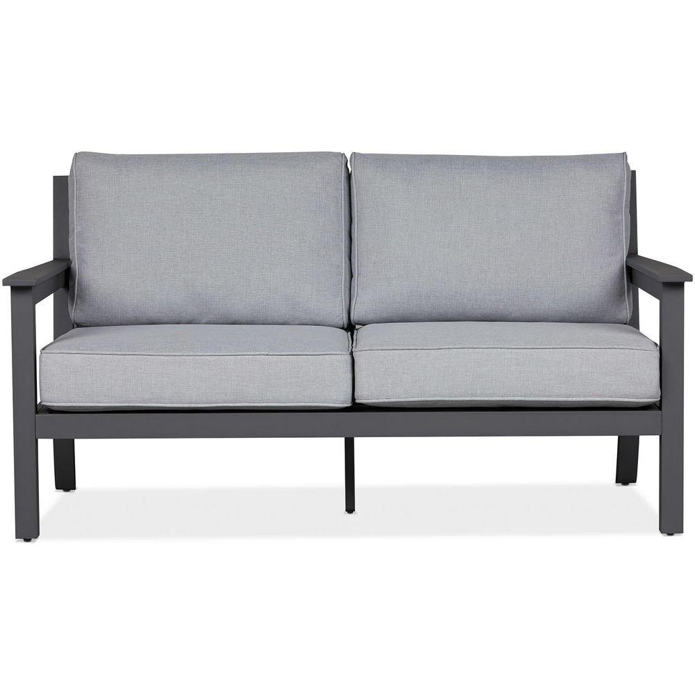 ORTUN 55" WIDE ALUMINUM FRAMED OLEFIN OUTDOOR LOVESEAT WITH LIGHT GRAY CUSHION COVERS 