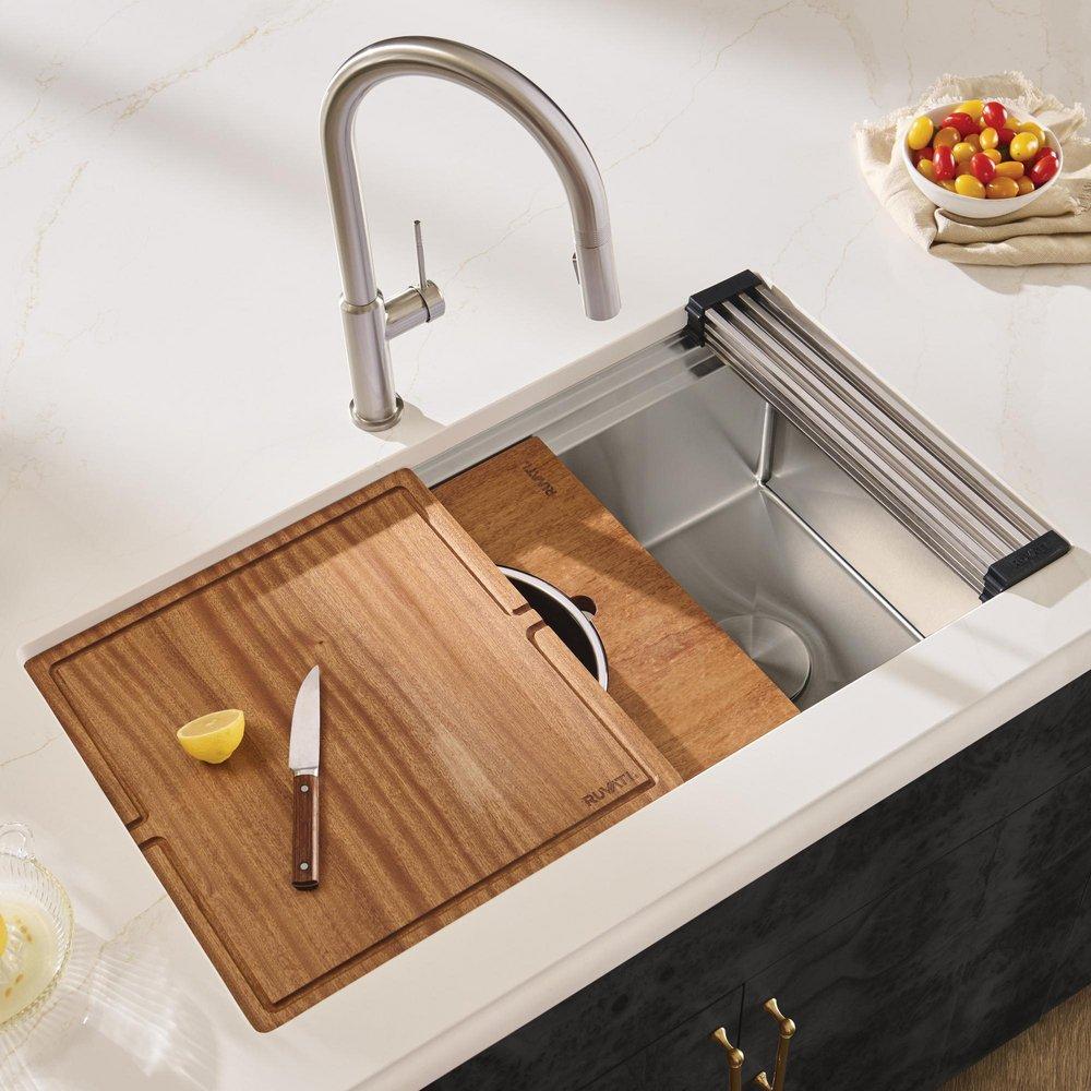 33-INCH WORKSTATION TWO-TIERED DOUBLE LEDGE KITCHEN SINK UNDERMOUNT 16 GAUGE STAINLESS STEEL - RVH6222ST 