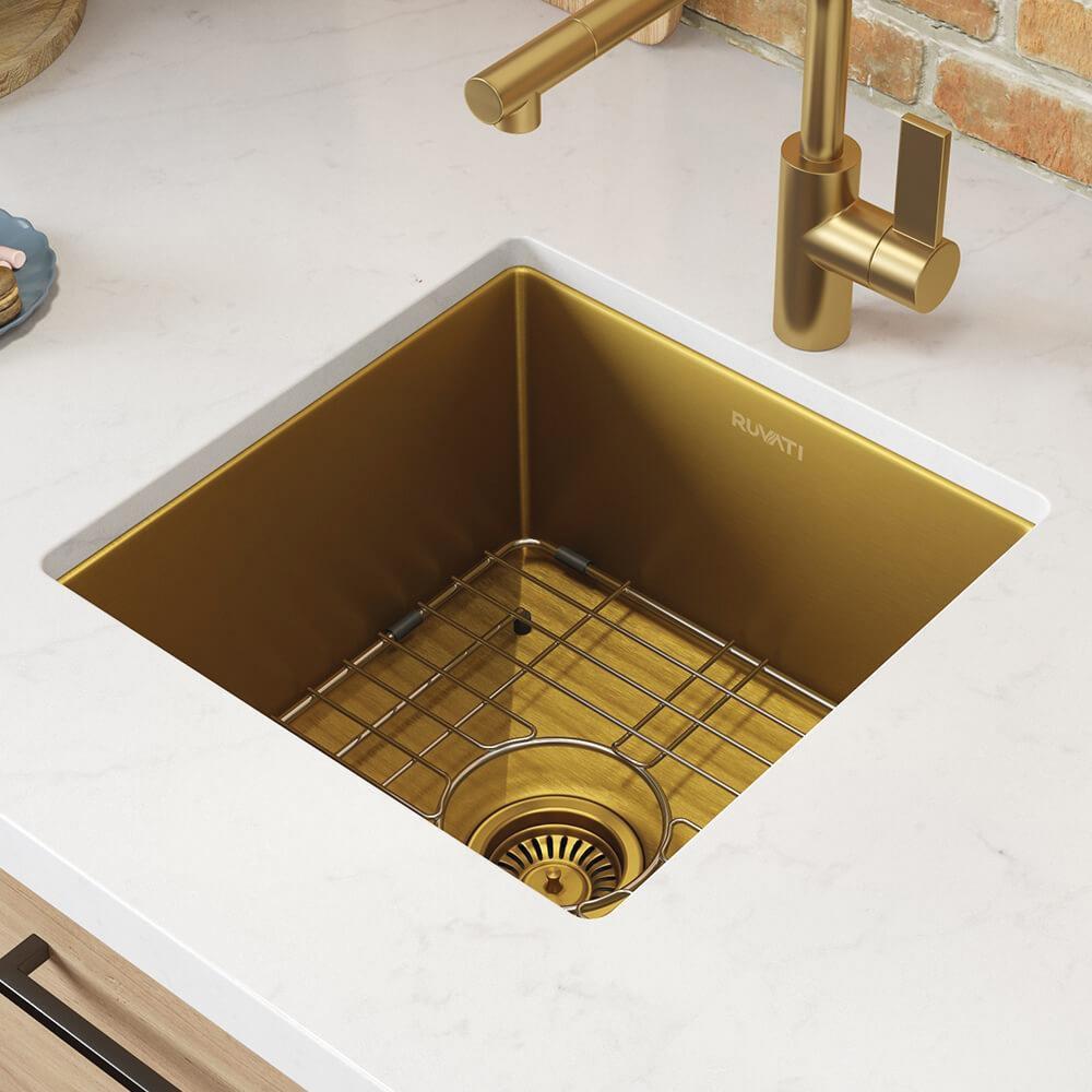 15-INCH POLISHED BRASS MATTE GOLD STAINLESS STEEL UNDERMOUNT BAR PREP 16 GAUGE KITCHEN SINK - RVH7015GG 