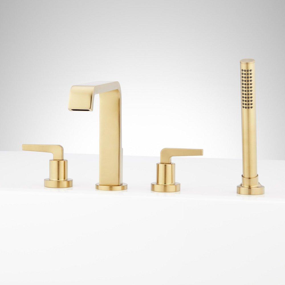 Two Handle Roman Tub Faucet and Hand Shower in Brushed Gold (Trim Only) 