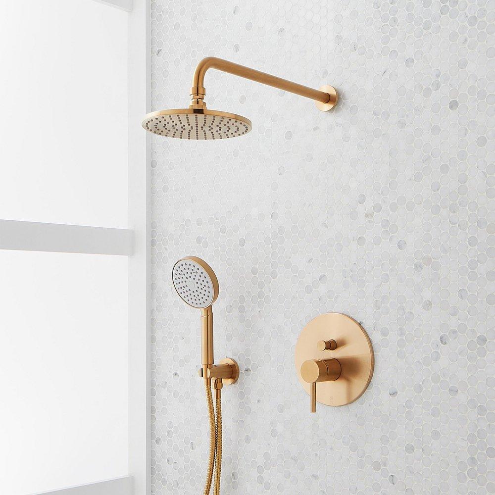 LATTIMORE SHOWER SYSTEM WITH RAINFALL SHOWER HEAD & HAND SHOWER - BRUSHED GOLD 