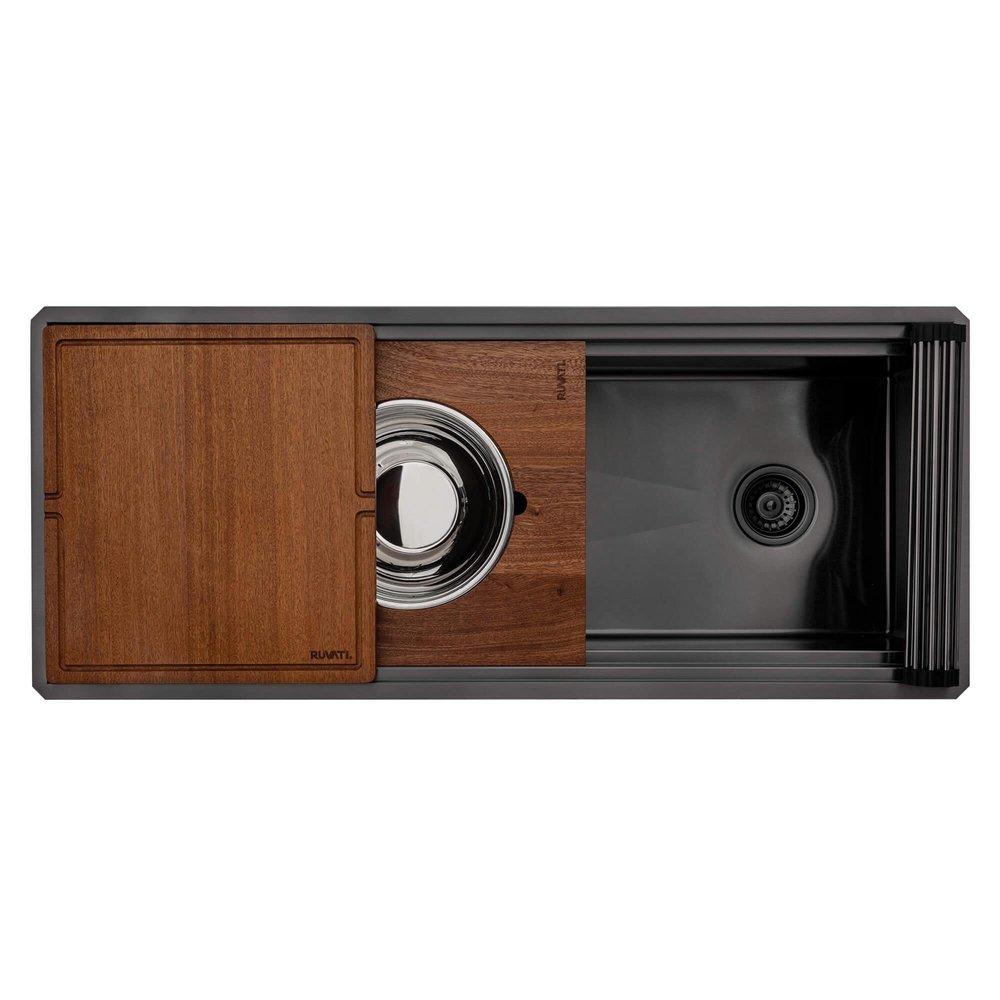 45-INCH GUNMETAL BLACK STAINLESS STEEL WORKSTATION TWO-TIERED LEDGE UNDERMOUNT KITCHEN SINK - RVH6333BL 