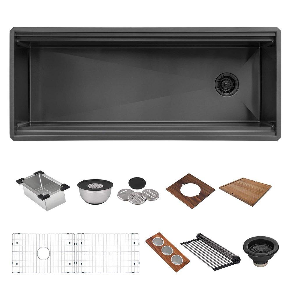 45-INCH GUNMETAL BLACK STAINLESS STEEL WORKSTATION TWO-TIERED LEDGE UNDERMOUNT KITCHEN SINK - RVH6333BL 