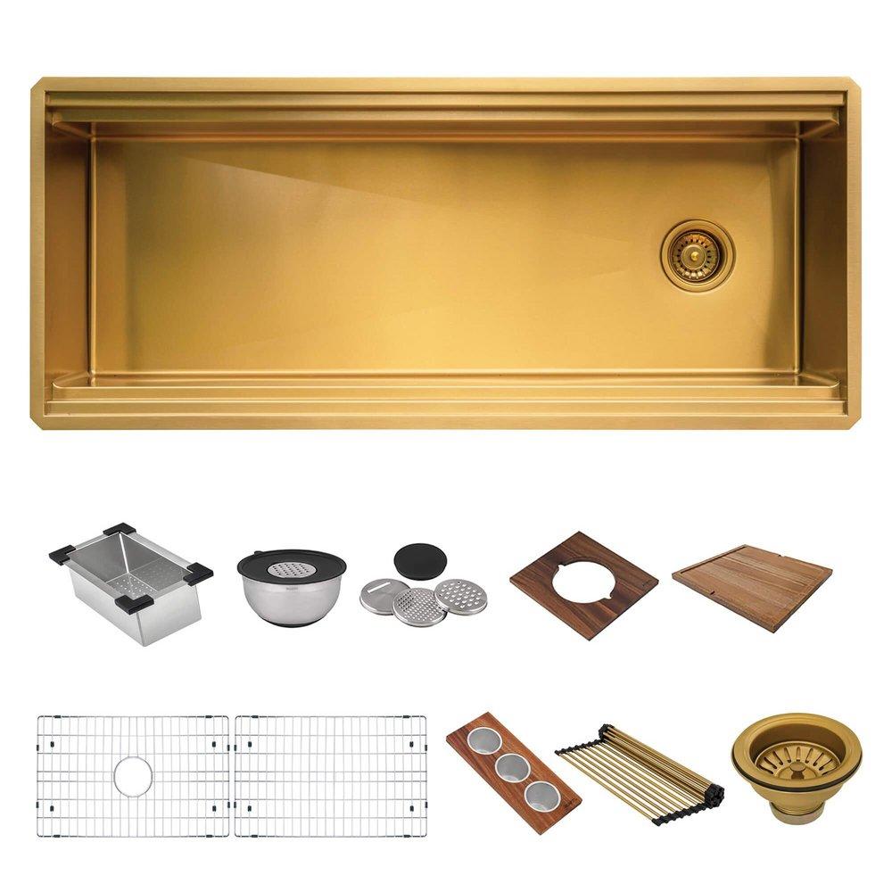 45-INCH POLISHED BRASS MATTE GOLD STAINLESS STEEL WORKSTATION TWO-TIERED LEDGE UNDERMOUNT KITCHEN SINK - RVH6333GG 
