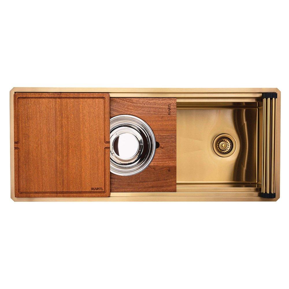 45-INCH POLISHED BRASS MATTE GOLD STAINLESS STEEL WORKSTATION TWO-TIERED LEDGE UNDERMOUNT KITCHEN SINK - RVH6333GG 