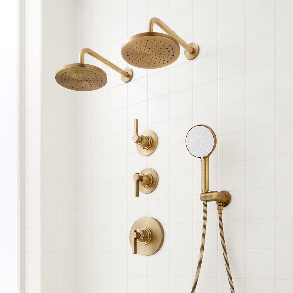 Thermostatic Shower System in Aged Brass with Dual Shower Heads, Hand Shower, Hose, Valve Trim and Diverter - Valve Included image number 3