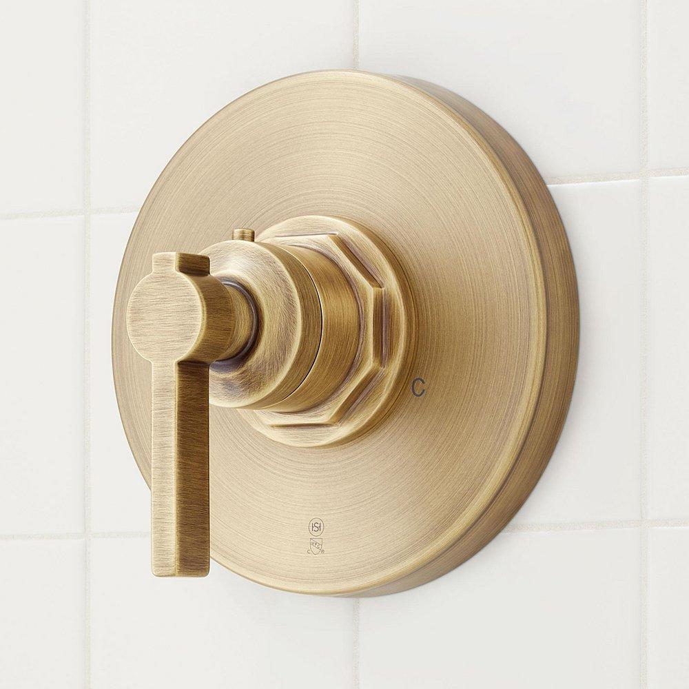 Thermostatic Shower System in Aged Brass with Dual Shower Heads, Hand Shower, Hose, Valve Trim and Diverter - Valve Included image number 4
