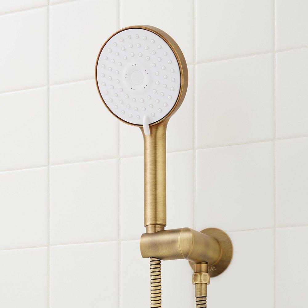Thermostatic Shower System in Aged Brass with Dual Shower Heads, Hand Shower, Hose, Valve Trim and Diverter - Valve Included image number 7