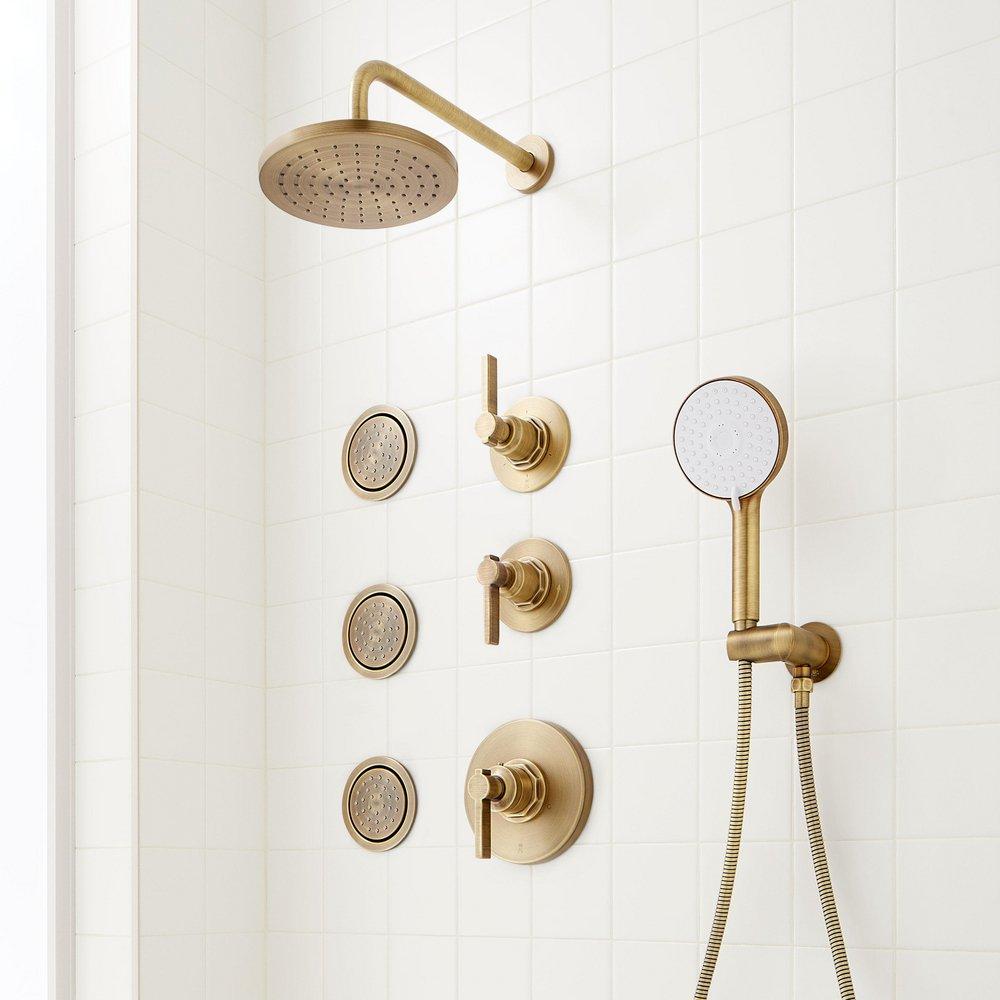 Thermostatic Shower System in Aged Brass with Shower Head, Hand Shower, Hose, 3 Body Sprays, Valve Trim and Diverter - Valve Included image number 0
