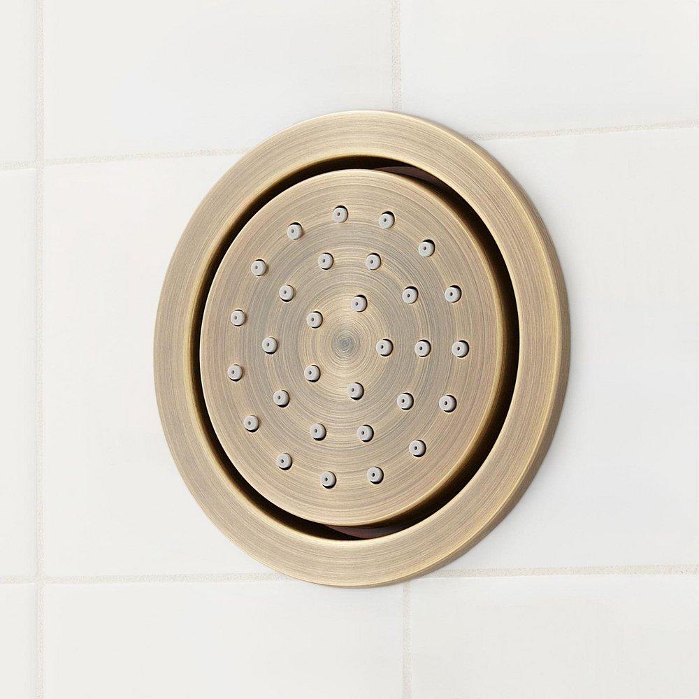 Signature Hardware Aged Brass Thermostatic Shower System with Shower Head, Hand Shower, Hose, 3 Body Sprays, Valve Trim and Diverter - Valve Included 