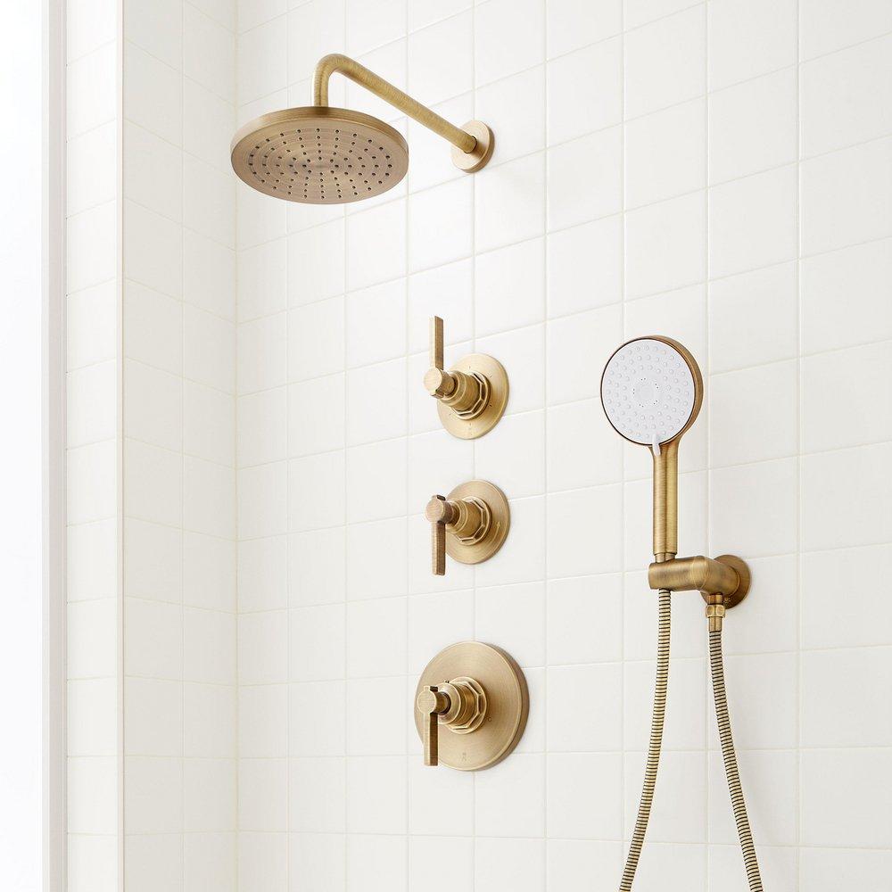 Pressure Balanced Shower System in Aged Brass with Shower Head, Hand Shower, Hose, Valve Trim and Diverter - Valve Included image number 7