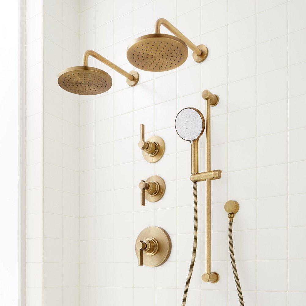 Thermostatic Shower System in Aged Brass with Shower Head, Hand Shower, Slide Bar, Shower Arm, Hose, and Valve Trim image number 5