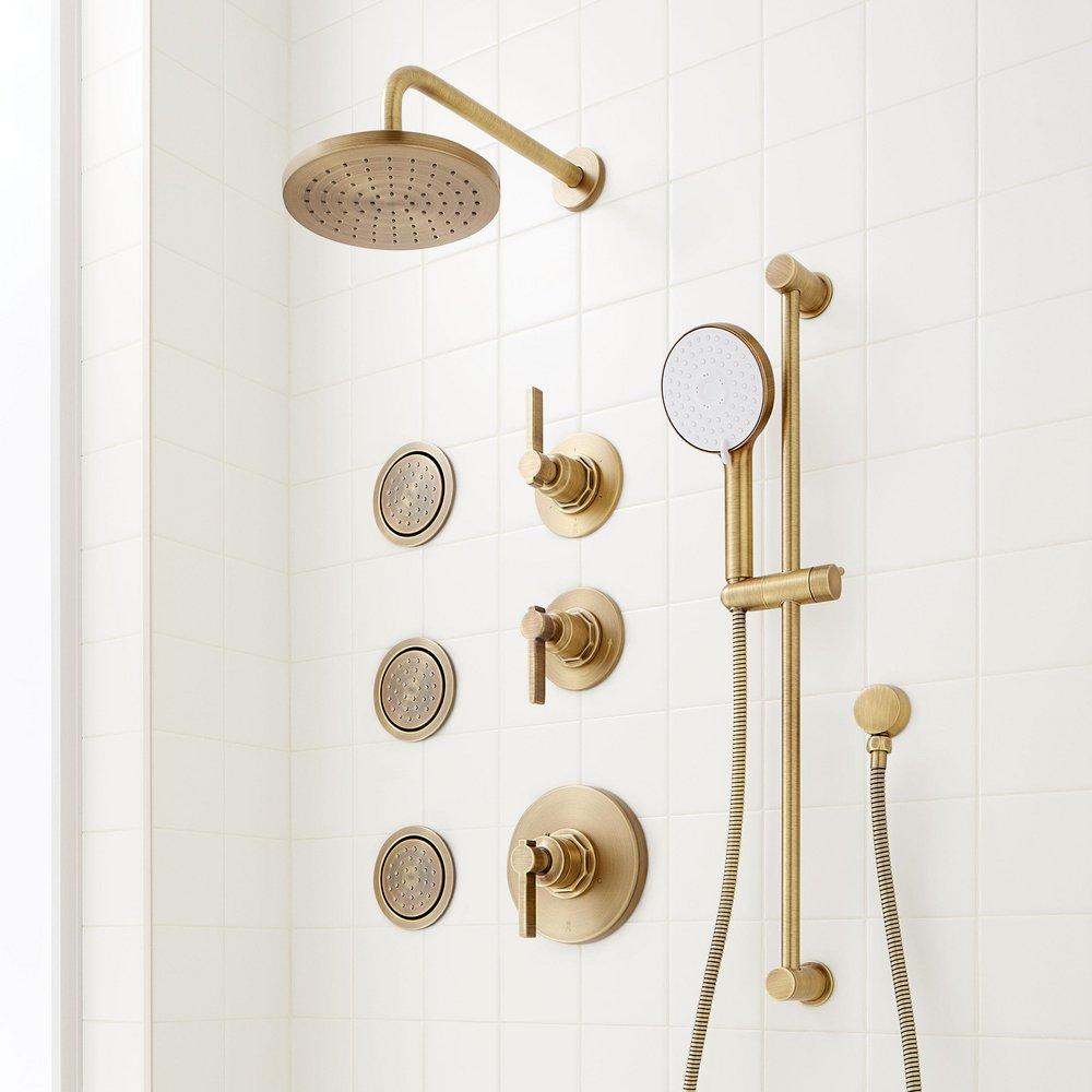 Thermostatic Shower System in Aged Brass with Shower Head, Hand Shower, Slide Bar, Bodysprays, Shower Arm, Hose, and Valve Trim image number 4