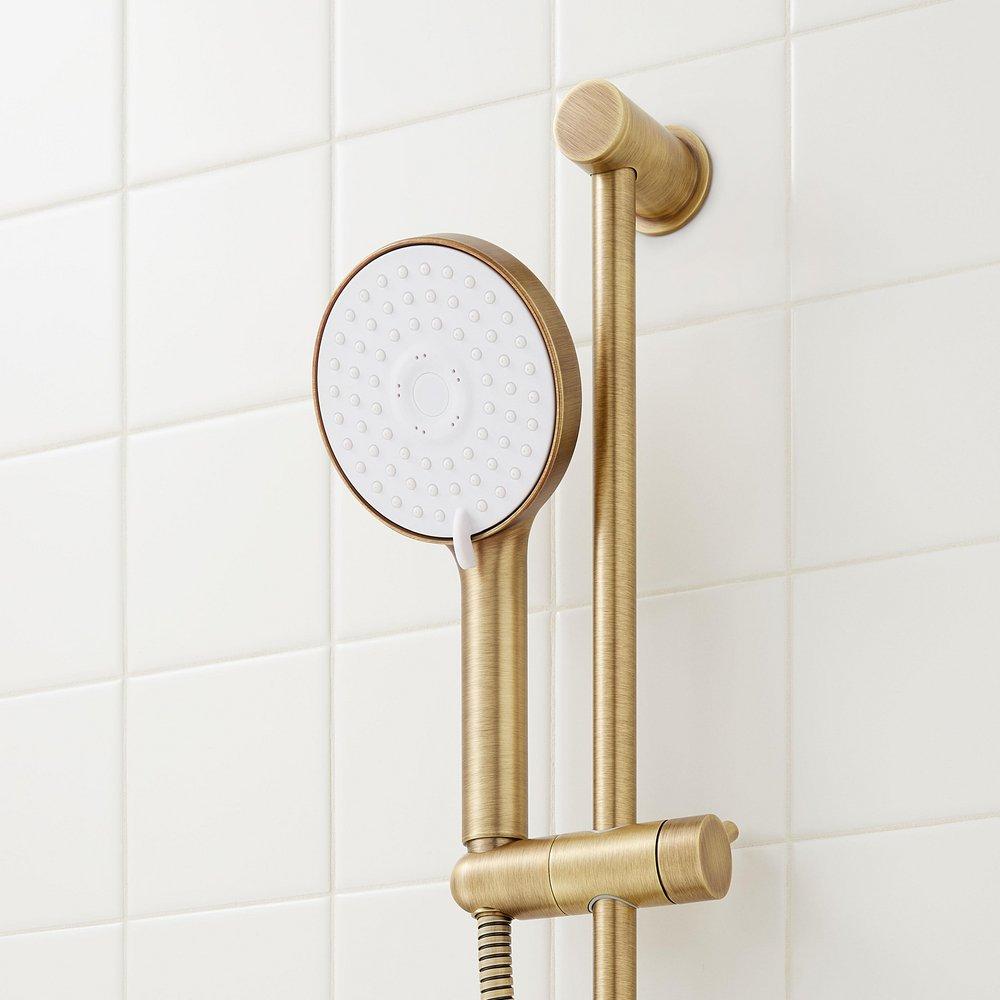 GREYFIELD THERMOSTATIC SHOWER SYSTEM WITH 3 BODY SPRAYS SLIDE BAR AND HAND SHOWER - AGED BRASS 