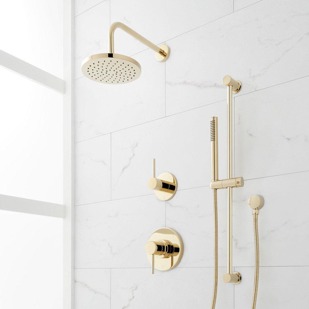Two Handle Single Function Shower System in Polished Brass with Slide Bar and Hand Shower image number 2