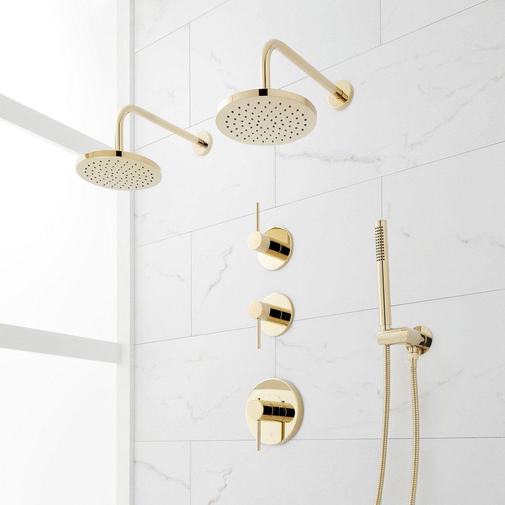Three Handle Single Function Shower System Set in Polished Brass with Dual Showerheads and Hand Shower image number 6