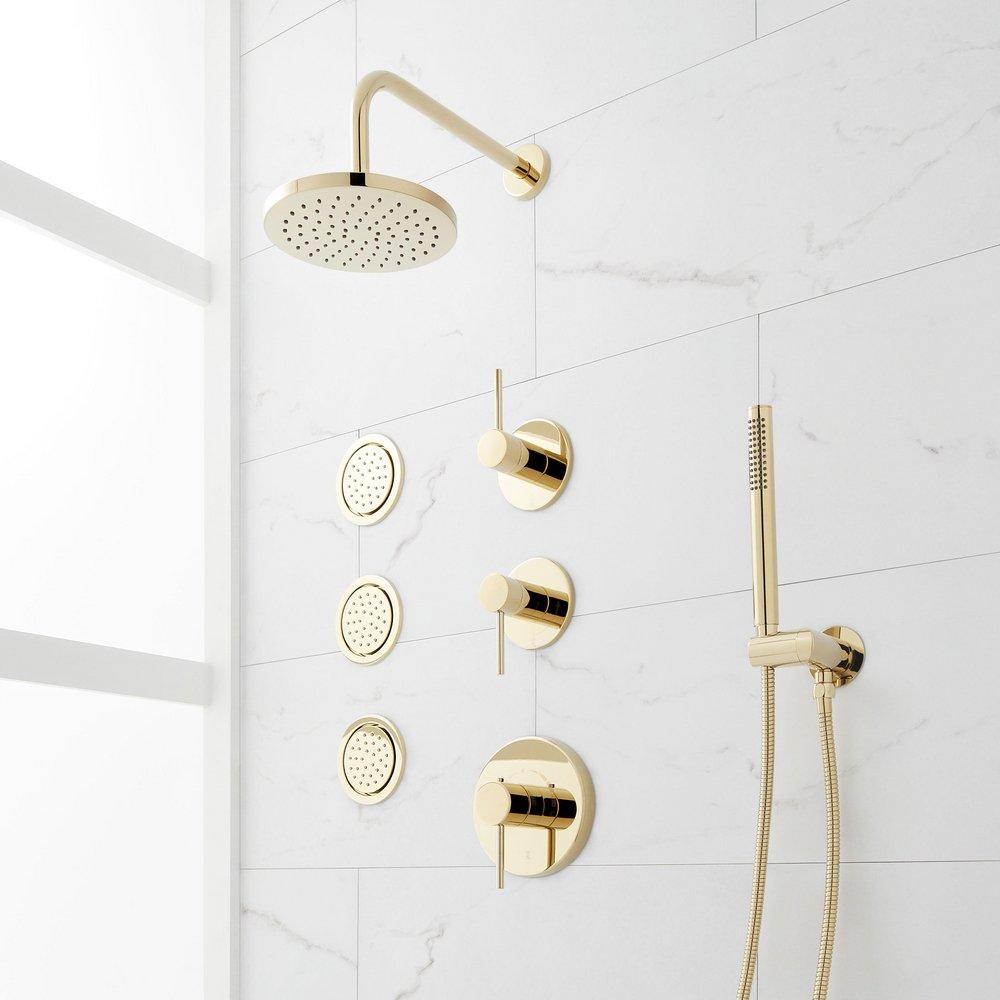 Thermostatic Shower System in Polished Brass with Shower Head, Hand Shower, Bodysprays, Shower Arm, Hose, and Valve Trim image number 3