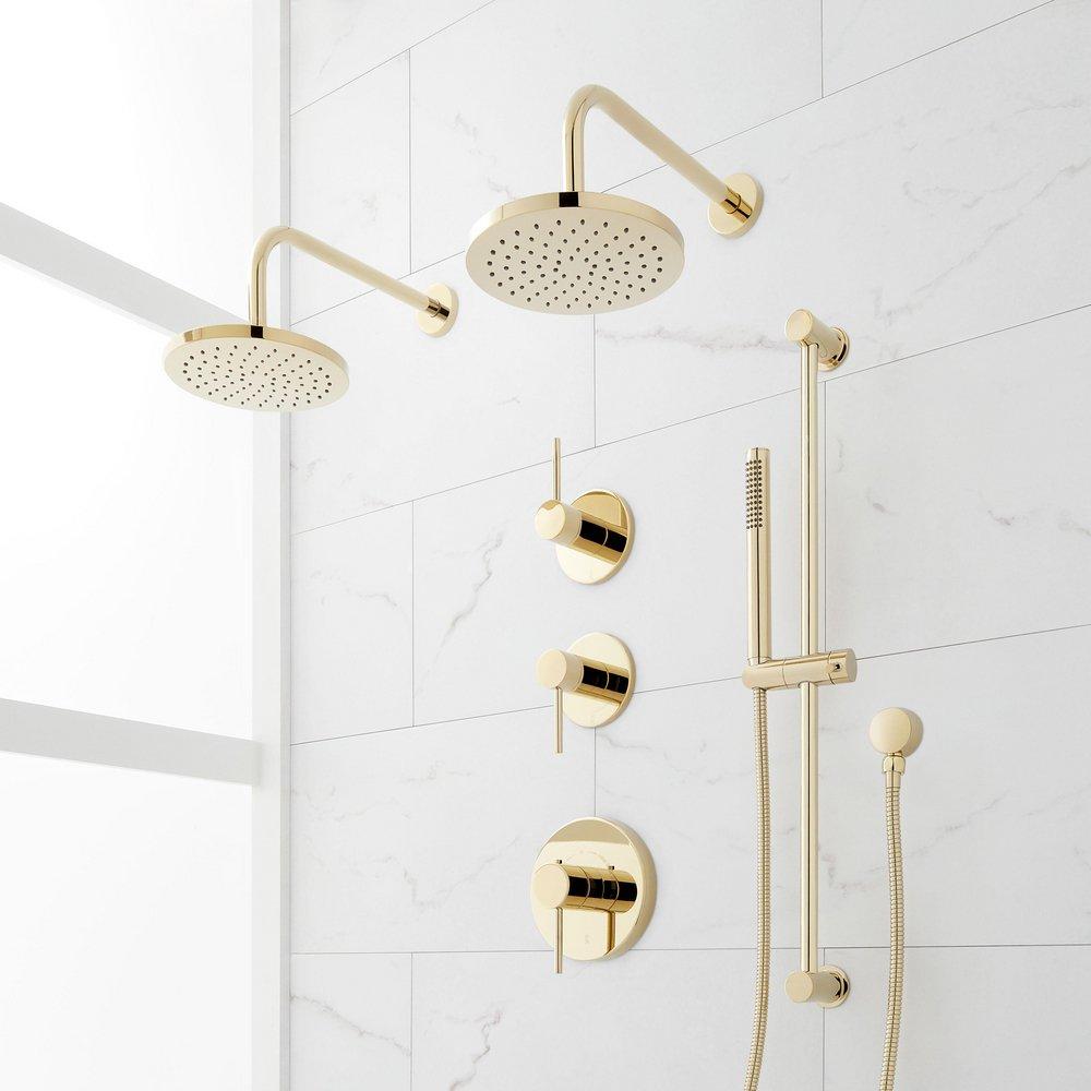 Three Handle Single Function Shower System Set in Polished Brass with Dual Showerheads, Slide Bar and Hand Shower image number 2