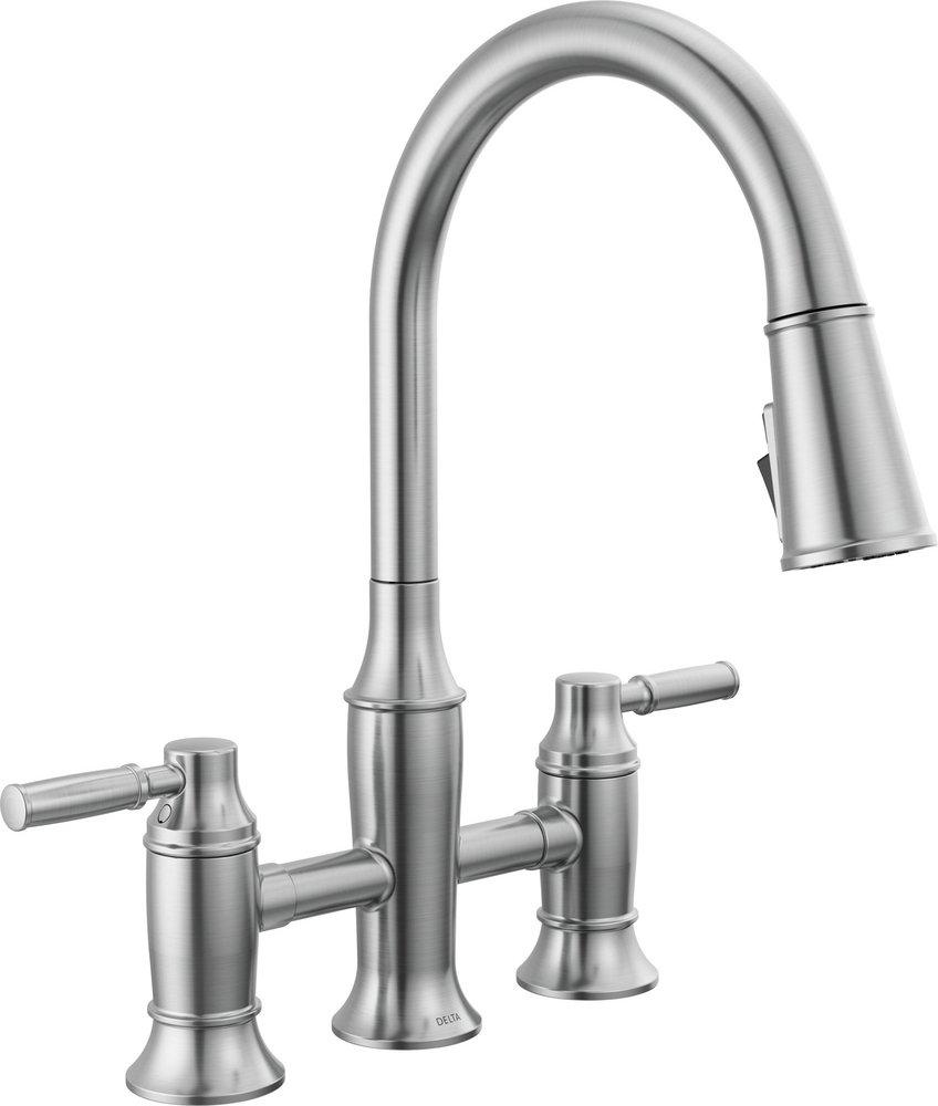 DELTA RENALDI TWO HANDLE PULL-DOWN BRIDGE KITCHEN FAUCET 