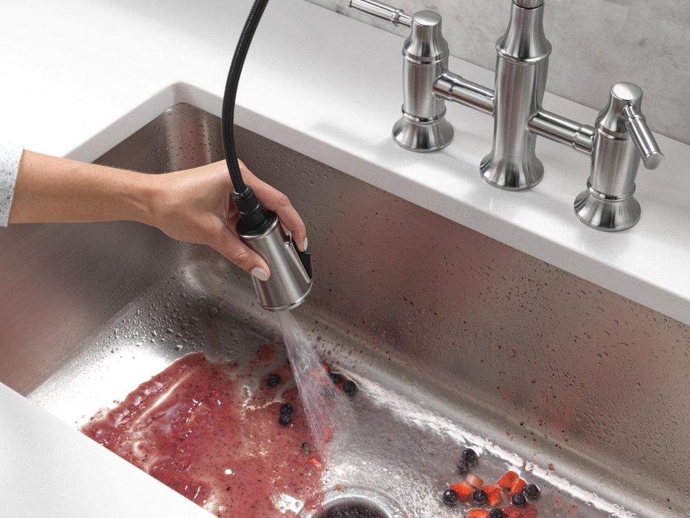 Two Handle Bridge Pull Down Kitchen Faucet in Arctic Stainless 