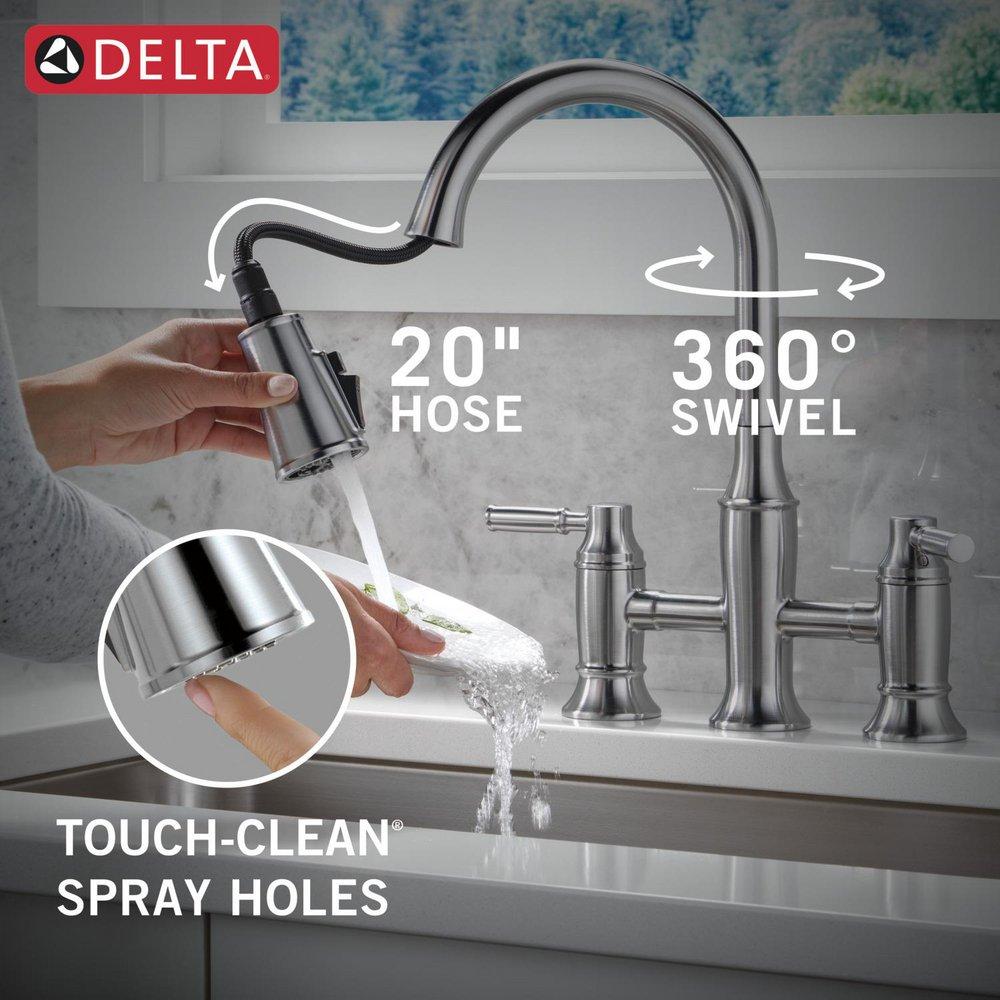 Two Handle Bridge Pull Down Kitchen Faucet in Arctic Stainless 