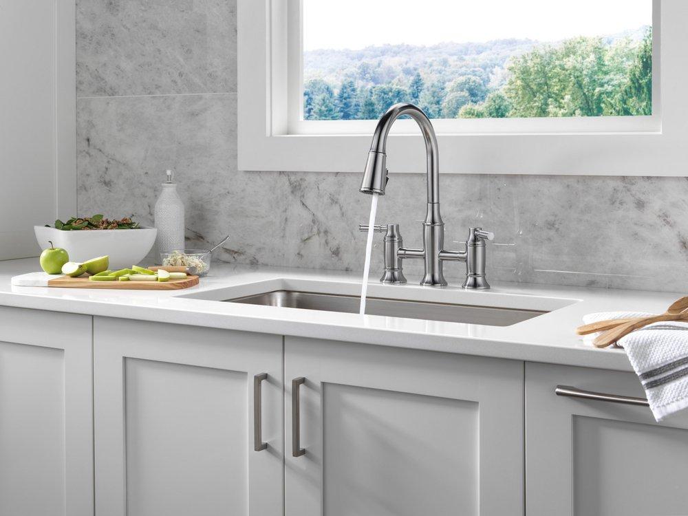 Two Handle Bridge Pull Down Kitchen Faucet in Arctic Stainless 