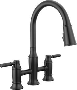 Two Handle Bridge Pull Down Kitchen Faucet in Matte Black