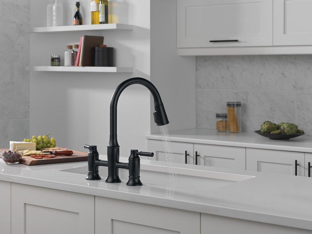 Two Handle Bridge Pull Down Kitchen Faucet in Matte Black 