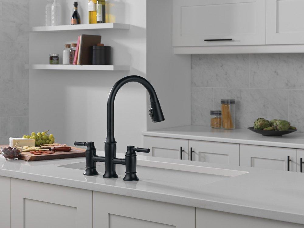 Two Handle Bridge Pull Down Kitchen Faucet in Matte Black 
