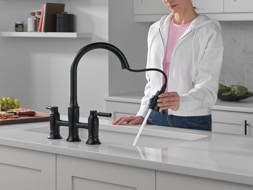 Two Handle Bridge Pull Down Kitchen Faucet in Matte Black 