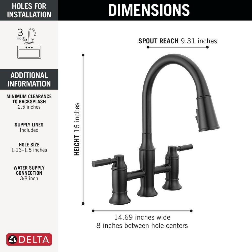 Two Handle Bridge Pull Down Kitchen Faucet in Matte Black 
