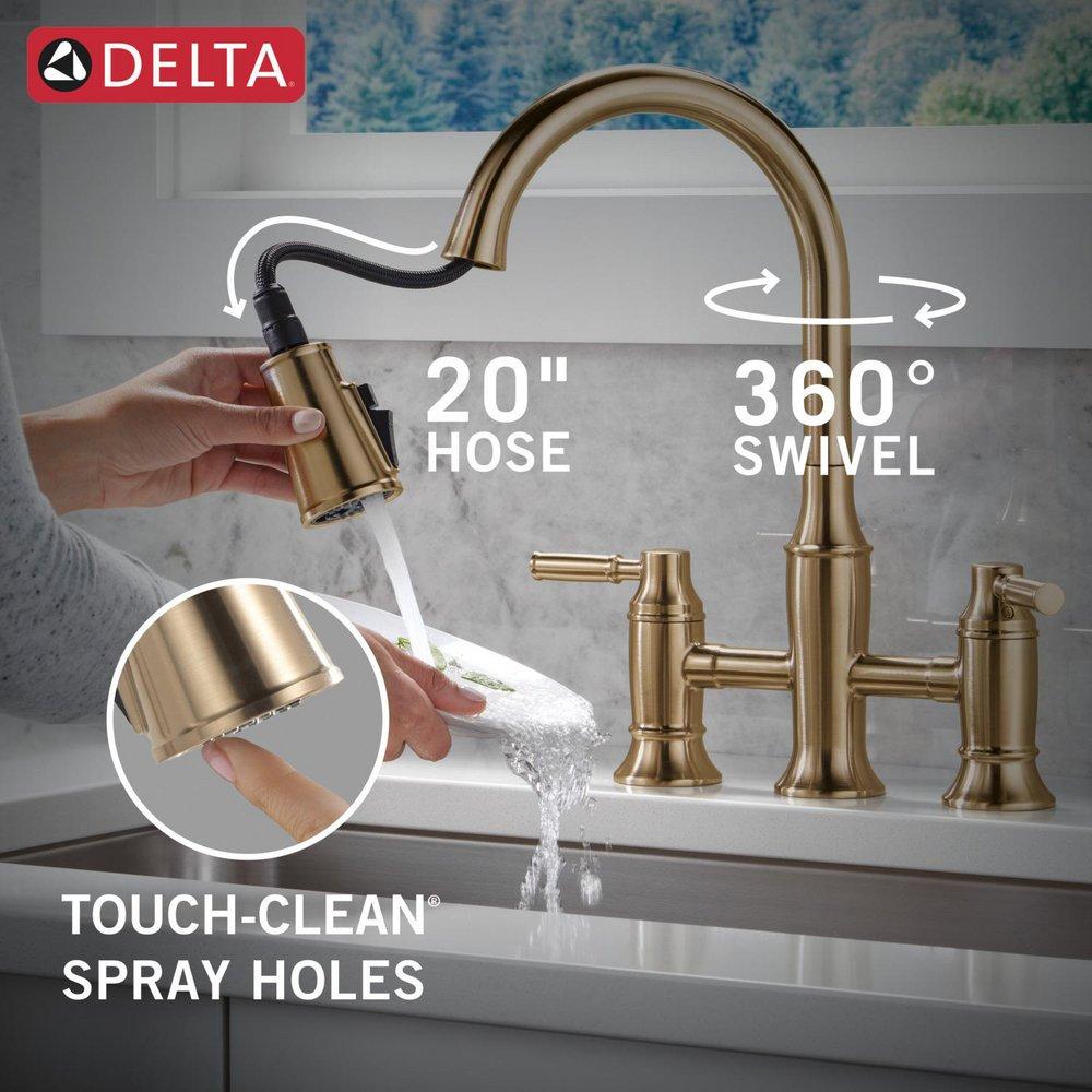 Two Handle Bridge Pull Down Kitchen Faucet in Arctic Stainless 