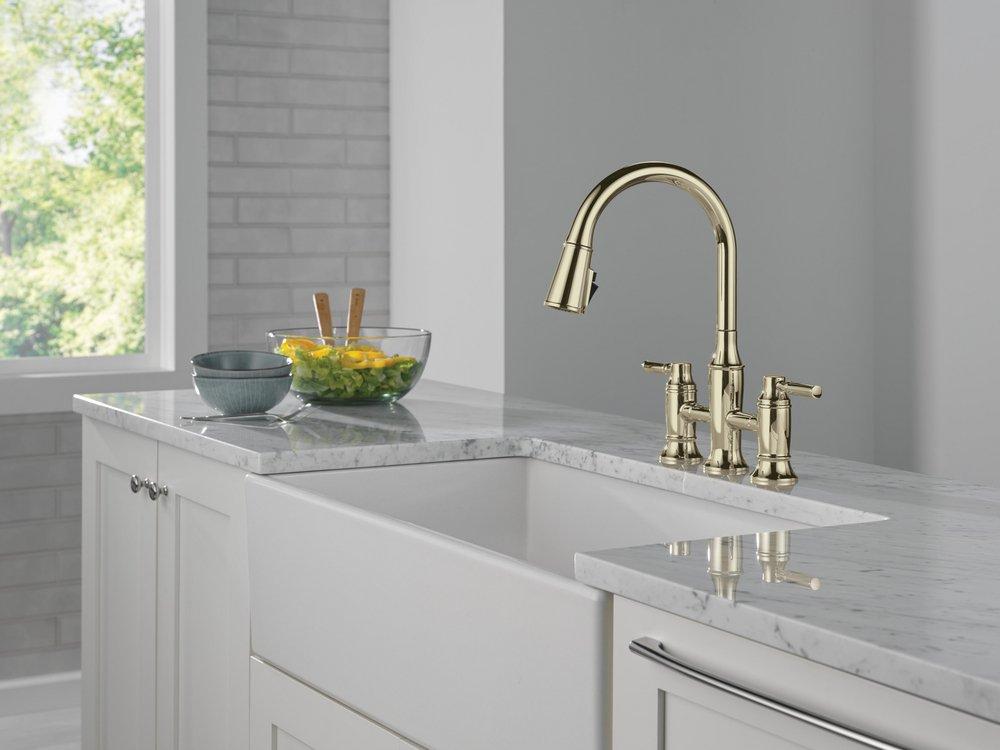Two Handle Bridge Pull Down Kitchen Faucet in Arctic Stainless 